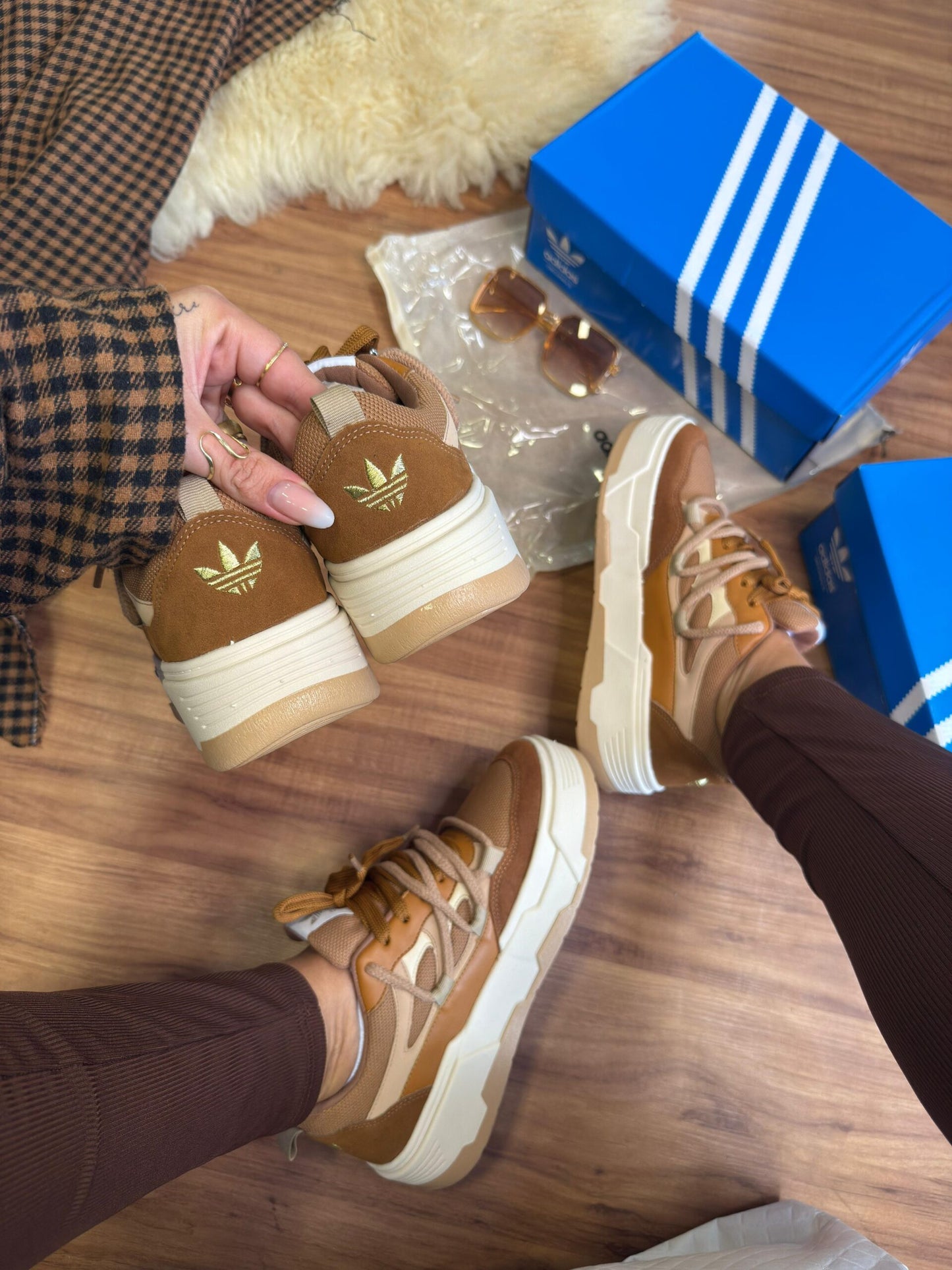 Adidas Plataforma Cadarço Duplo Preto / Marrom e Bege