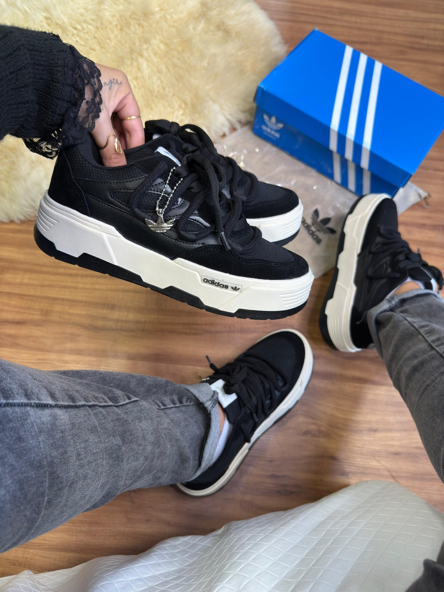 Adidas Plataforma Cadarço Duplo Preto / Marrom e Bege