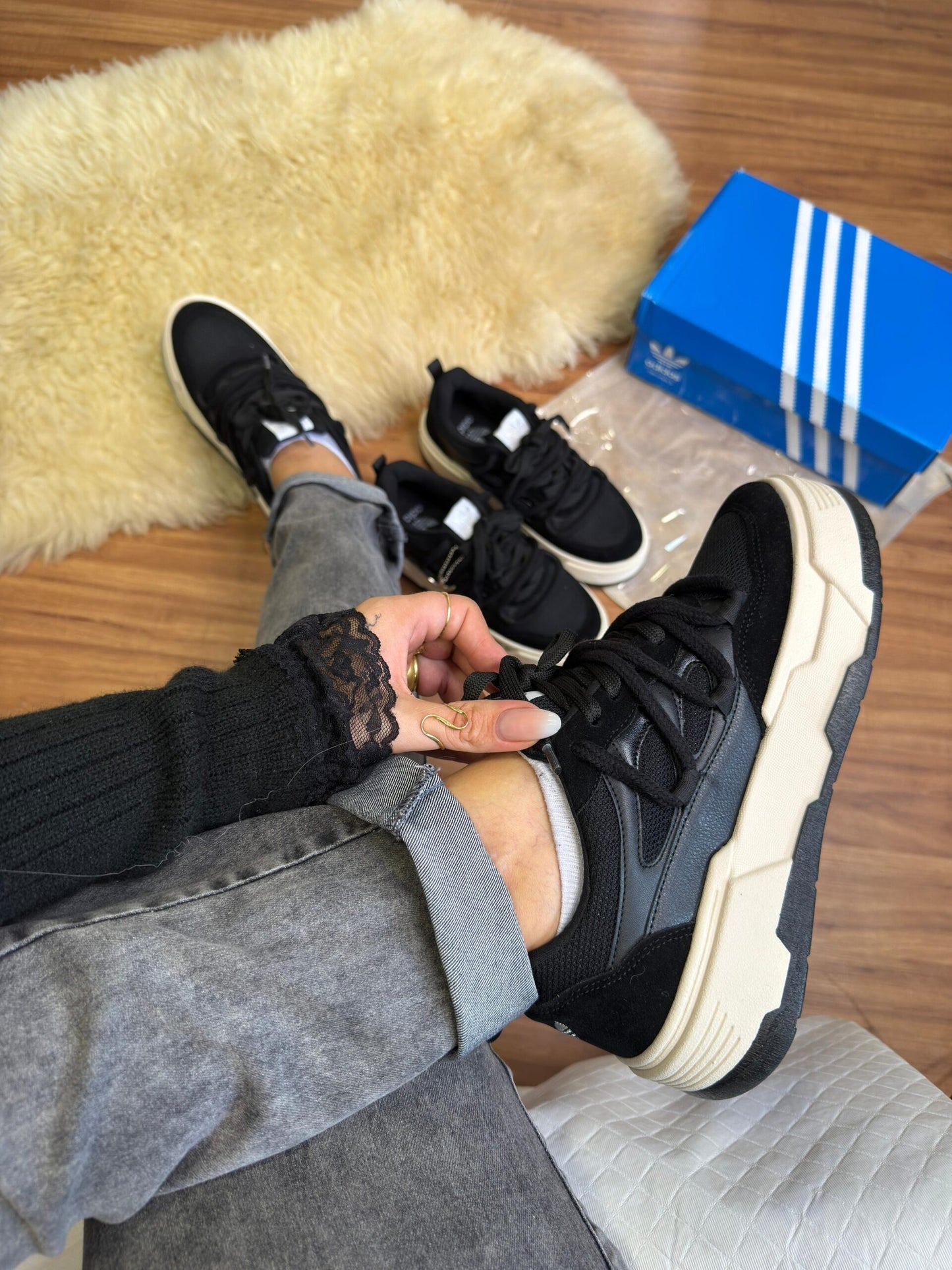 Adidas Plataforma Cadarço Duplo Preto / Marrom e Bege